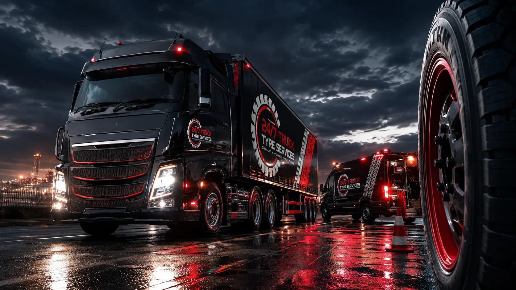 Black commercial truck and tyre service van on a wet Adelaide road