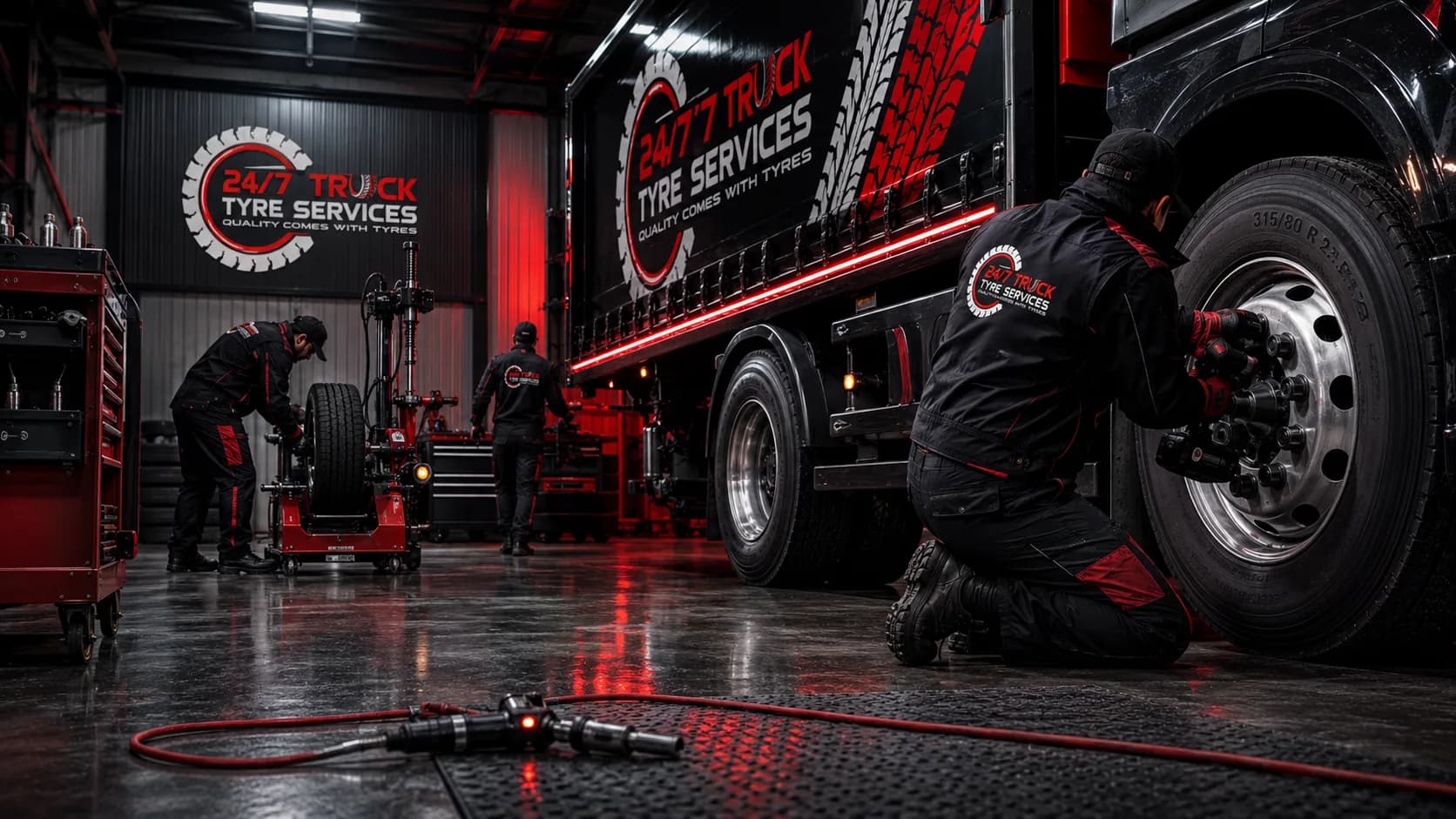 Commercial truck tyre work in an industrial workshop