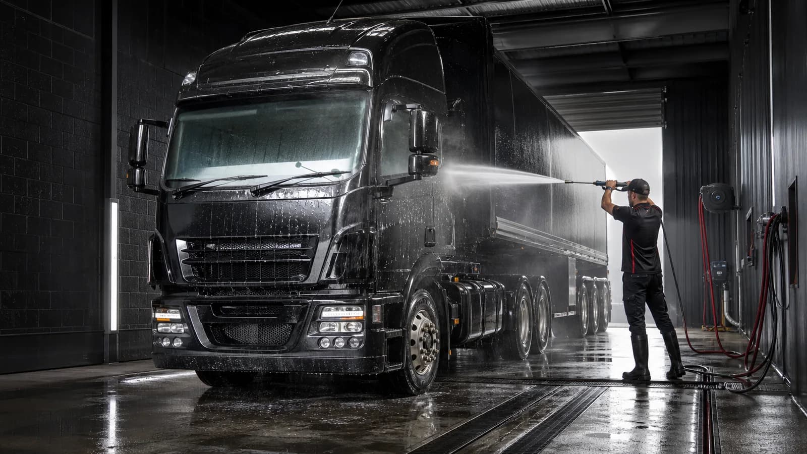 Heavy commercial truck being washed in an industrial Adelaide wash bay