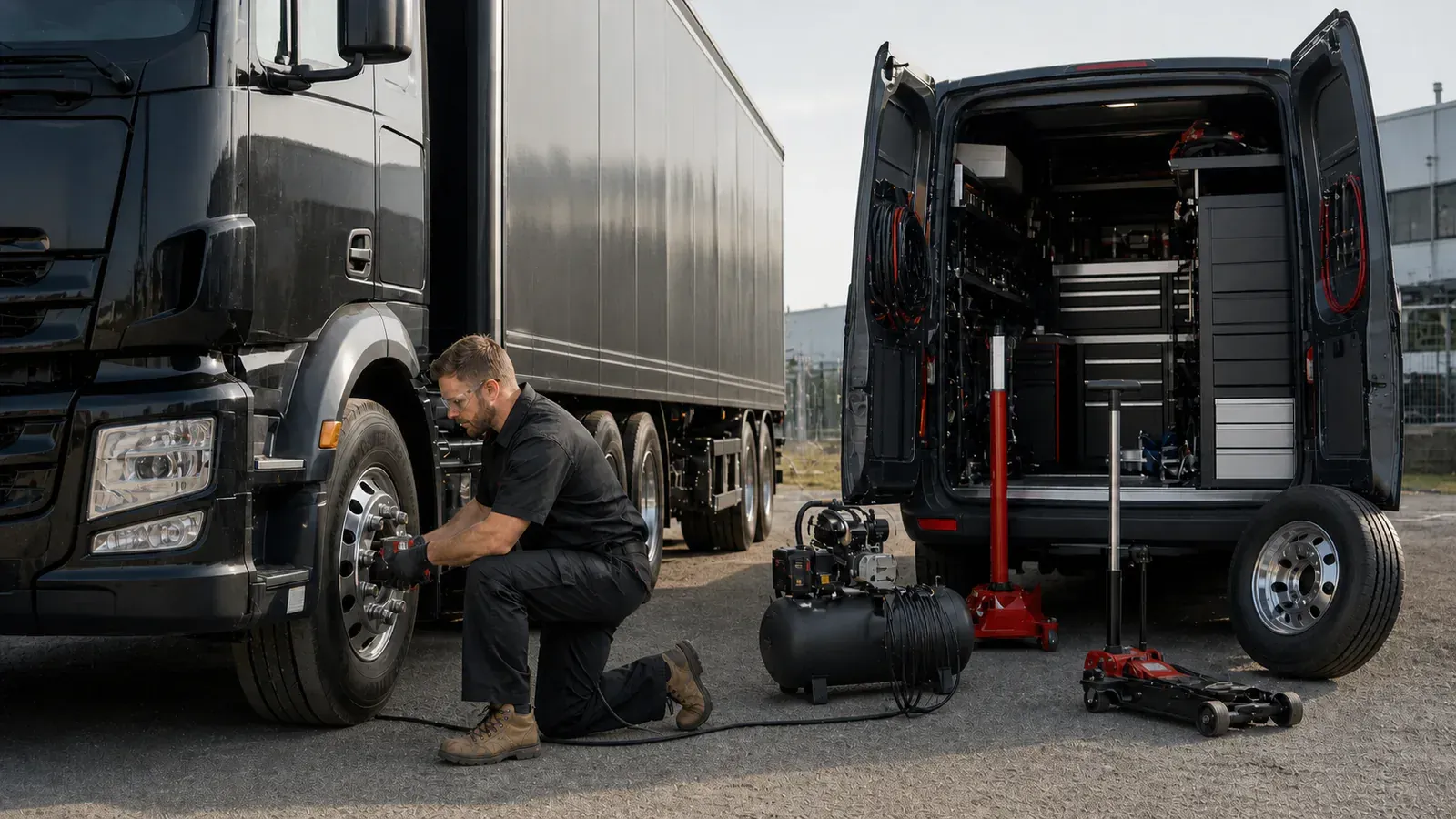 Mobile tyre technician servicing a commercial truck roadside in Adelaide