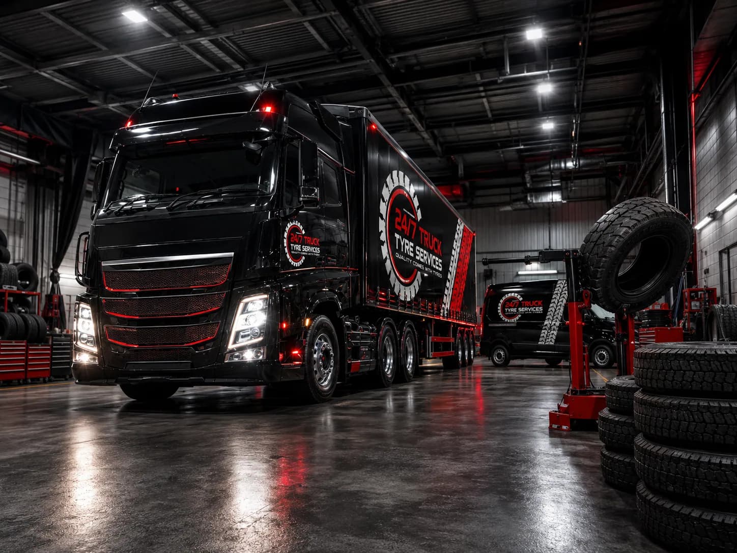 Heavy commercial truck positioned inside a workshop