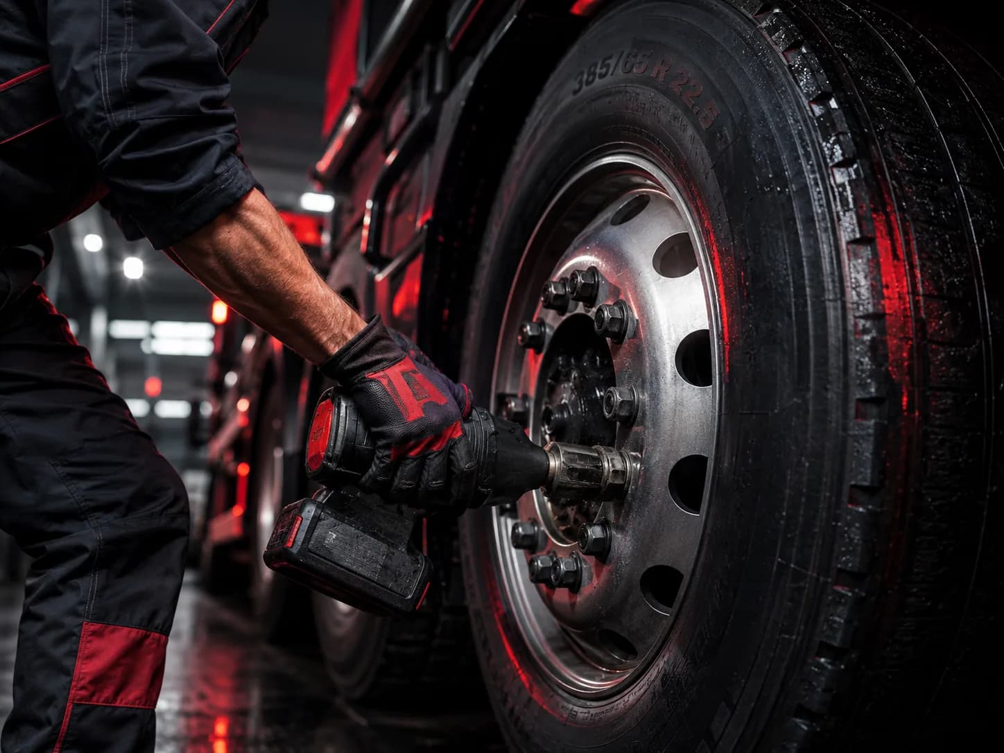 Technician fitting a heavy commercial truck wheel