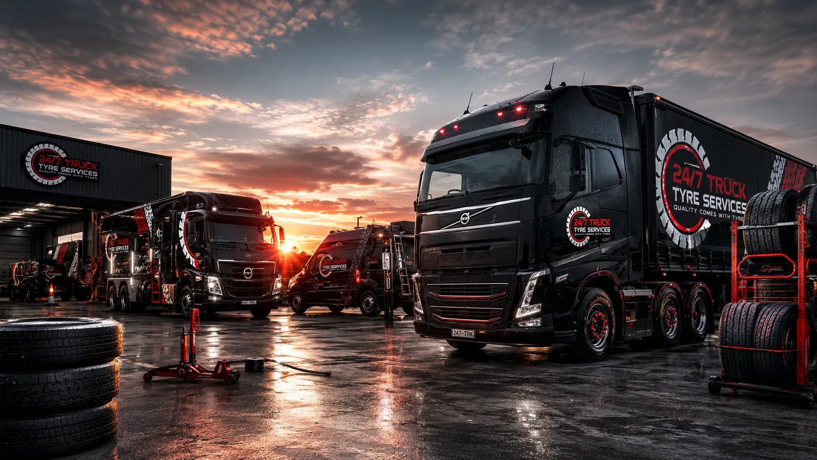 Commercial truck fleet in an industrial yard