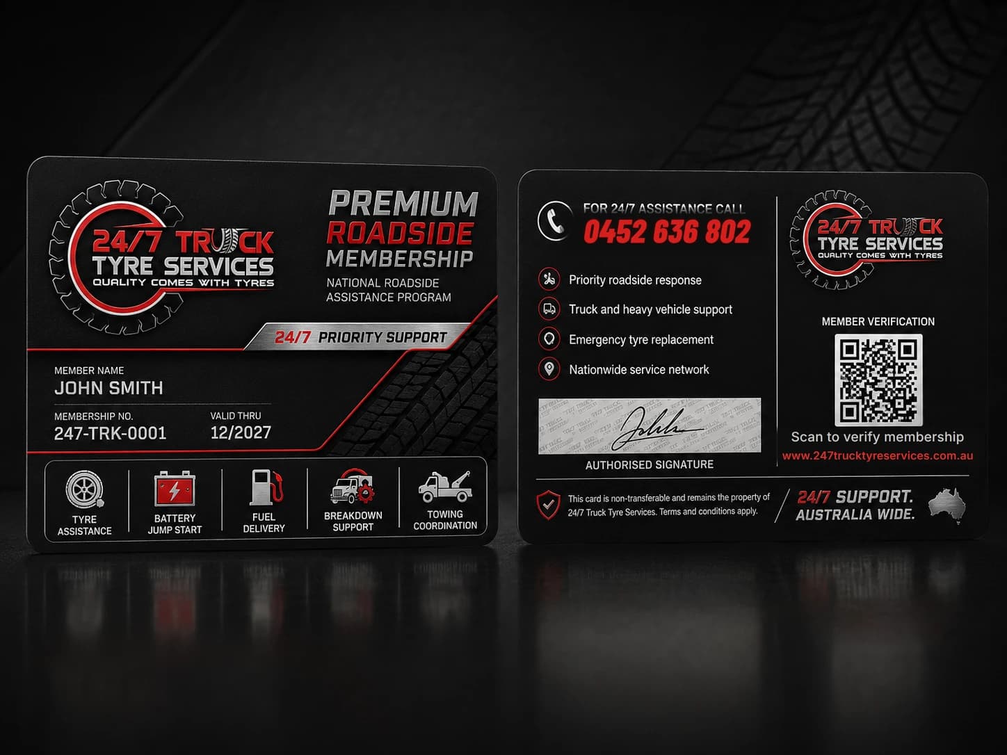 24/7 Truck Tyre Services premium roadside membership card showing the roadside assistance line 0452 636 802 and www.247trucktyreservices.com.au