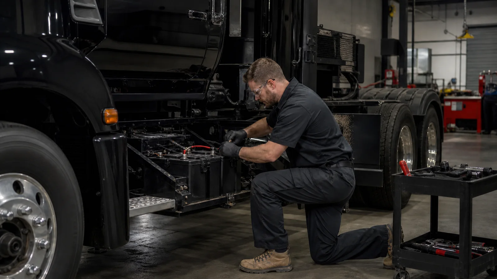 Technician fitting a commercial truck battery inside an Adelaide workshop