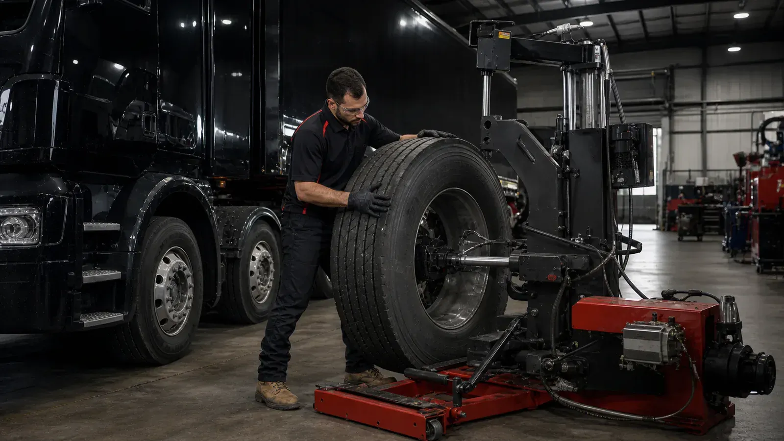 Technician fitting a heavy commercial truck tyre in an Adelaide workshop