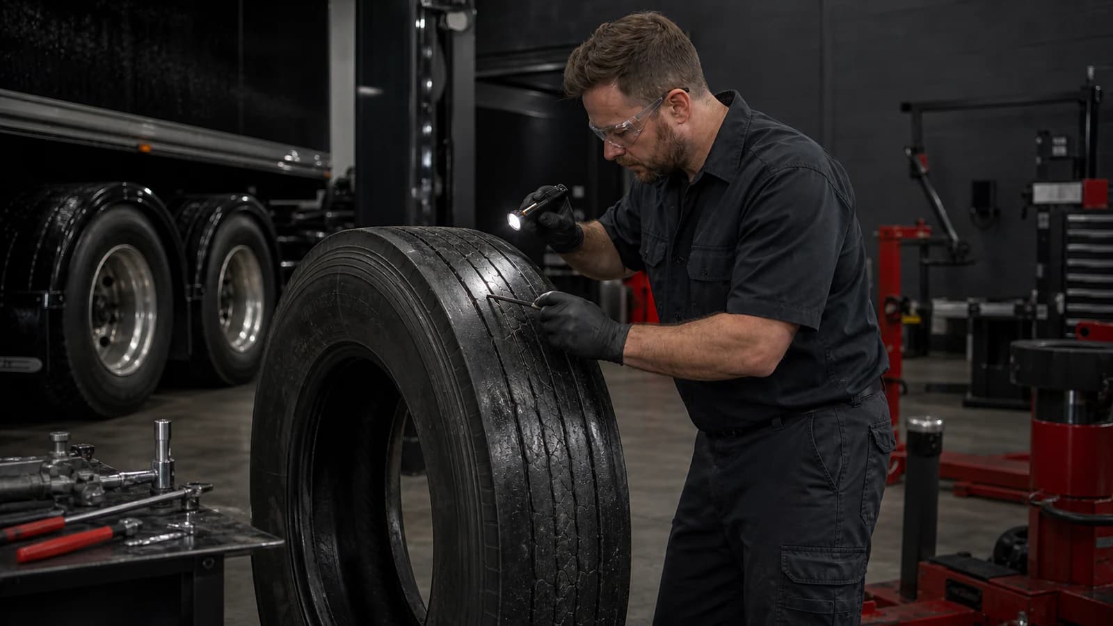 Commercial truck tyre being inspected for repair in a workshop