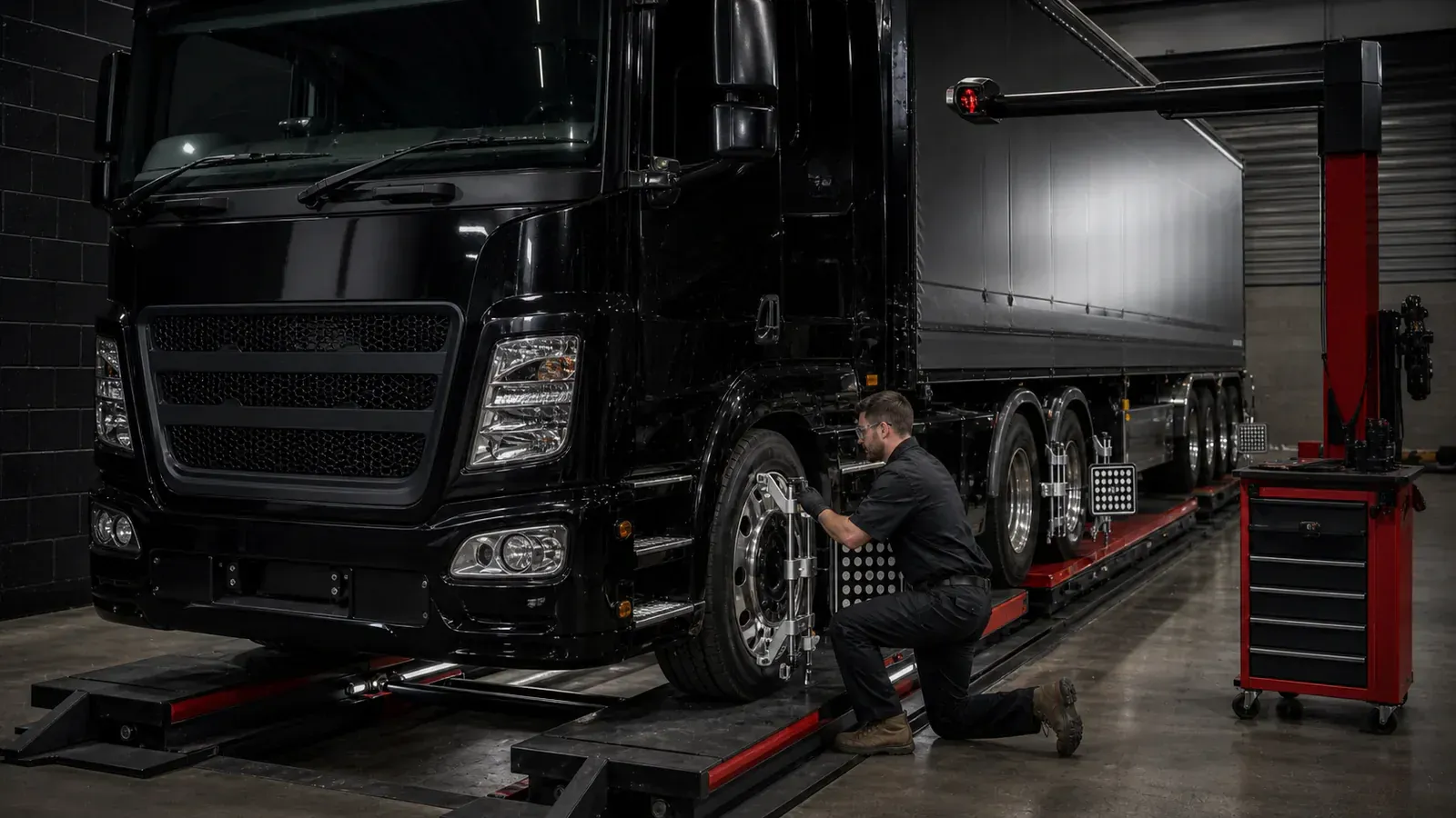Commercial truck undergoing wheel alignment inside an Adelaide workshop