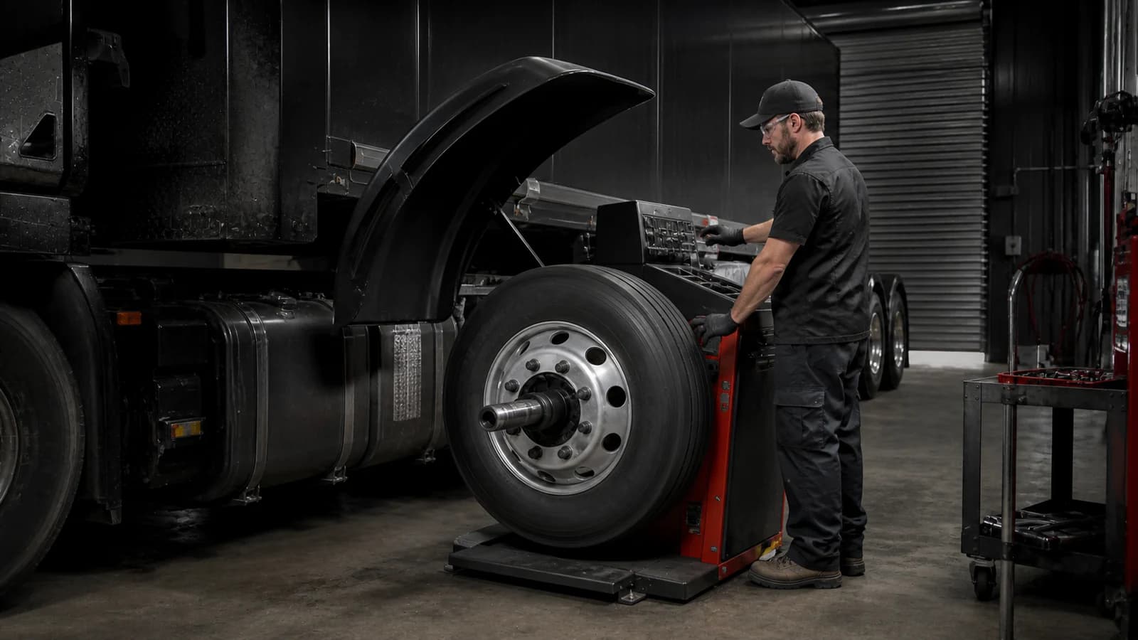 Commercial truck wheel being balanced in a professional workshop